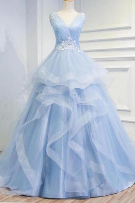 Sky Blue V-neck Long Prom Dress A Line Prom Party Gowns Custom Made Formal Evening Dress
