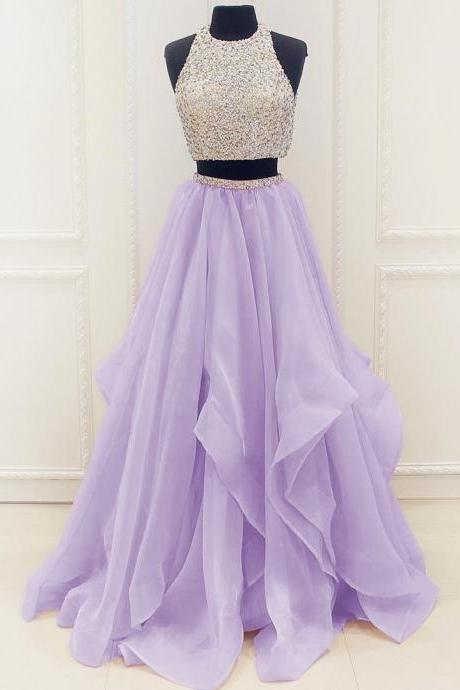 Sexy Beaded Two Pieces Lavender Tulle Long Prom Dress Custom Made Women Party Gowns ,a Line Long Prom Dresses