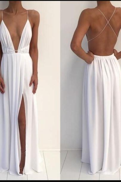 Elegant Sexy Backless Long Prom Dress Custom Made White Chiffon Ruffle Prom Party Gowns With Slit ,Plus Size Women Gowns 