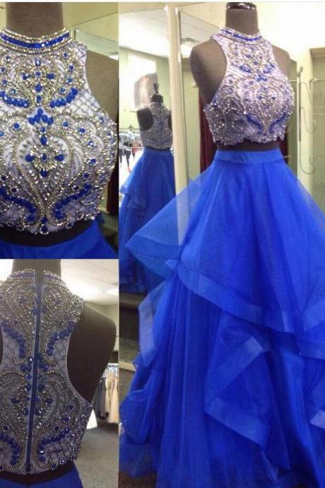 Luxury Beaded Royal Blue Tulle Two Pieces Long Prom Dresses A Line Prom Party Gowns Plus Size Formal Evening Dresses 