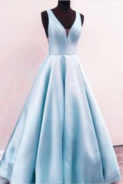 Light Blue Satin Long Prom Dress Custom Made Prom Party Gowns Plus Size Formal Evening Dress ,2019 Women Party Gowns