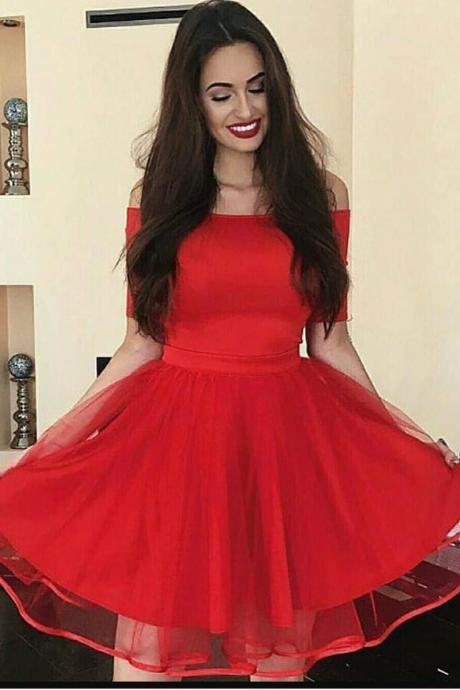 Newly Sexy Red Scoop Neck Short Homecoming Dress With Short Sleeve Bal Gown Short Cocktail Party Gowns ,plus Size Short Cocktail Dress