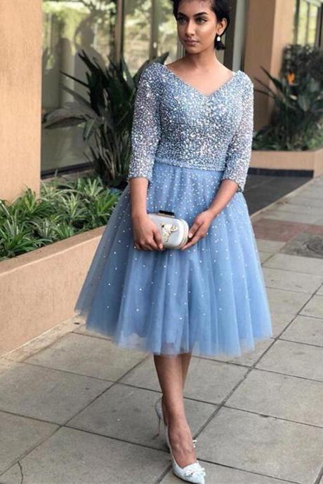 Luxury Beaded Light Blue V-neck Short Prom Dress With Long Sleeve Custom Made Homecoming Dress Short Plus Size Junior Party Gowns