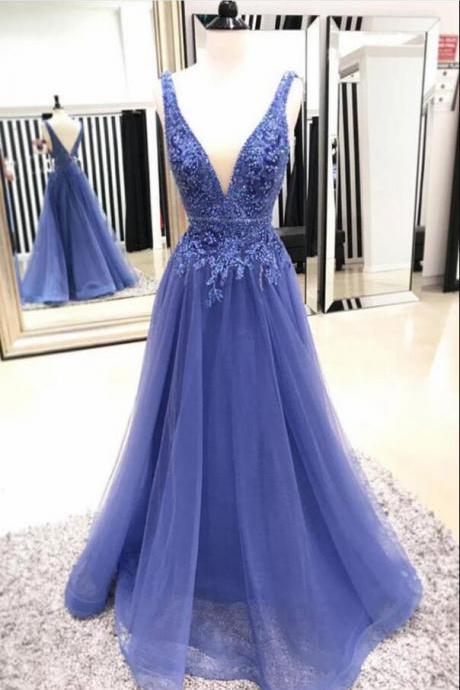 Sexy A Line Backless Long Prom Dress V-neck Strapless Evening Dresswith Appliqued Beaded, Formal Gowns 2019
