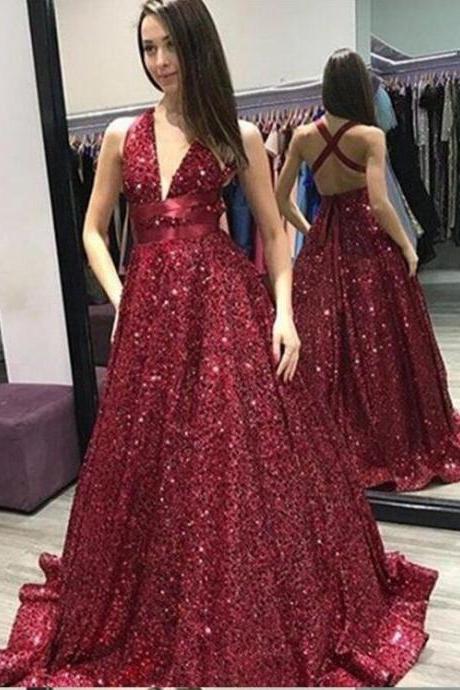 Shiny Dark Red Sequin Ball Gowns Long Prom Dresses Sexy Backless Women Party Gowns,sexy V-neck Arabic Evening Dress 2019