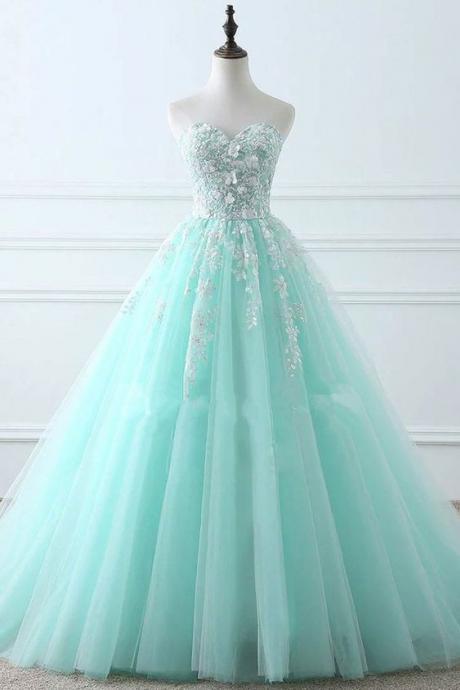 Light Green Tulle Long Prom Dress Sweetheart Lace Formal Evening Dress, Plus Size Evening Dress
