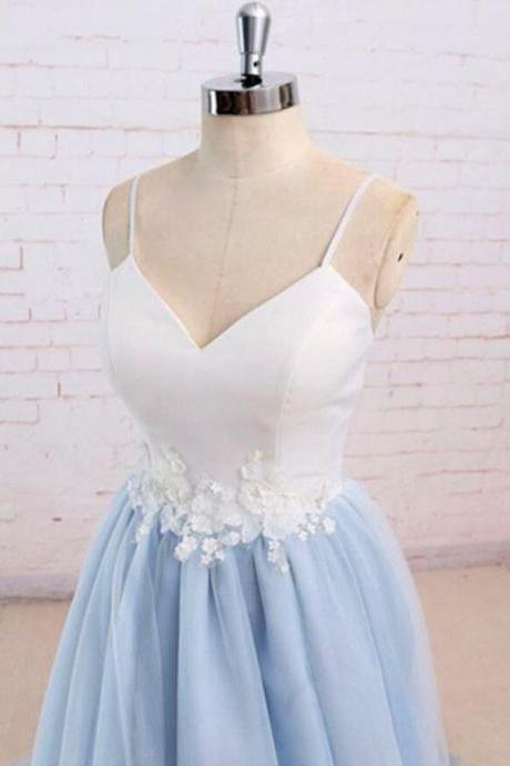 Plus Size Spaghetti Strapl White And Blue Long Prom Dress Custom Made Tulle Formal Evening Dresses, Long Evening Dress