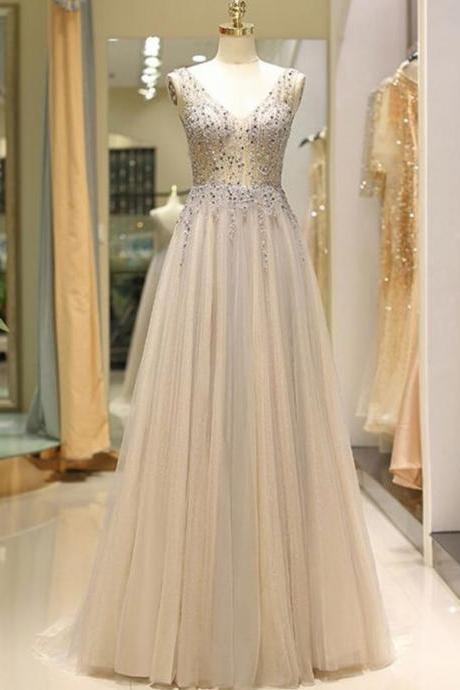 Luxury Beaded V-neck Tulle Long Prom Dress Plus Size Formal Evening Party Gowns ,sexy Beaded Women Party Gowns