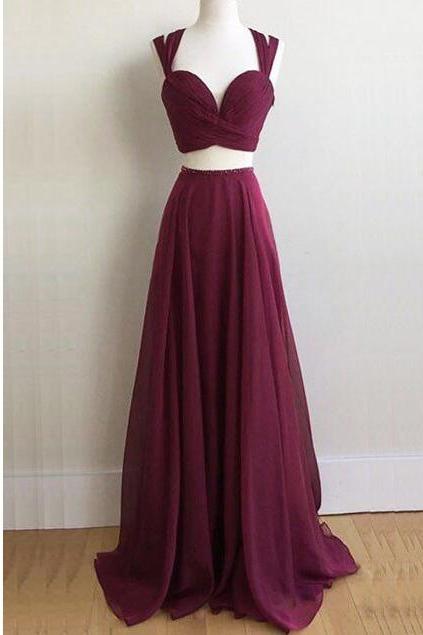 Sexy A Line Two Pieces Burgundy Chiffon Long Prom Dress, Two Pieces Women Pageant Dress, Long Prom Dresses 2019