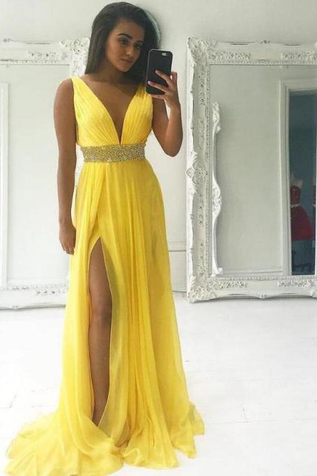 Sexy V-neck Long Prom Dress Yellow Chiffon Beaded Prom Party Dresses Off The Shoulder Women Evening Dress With Split