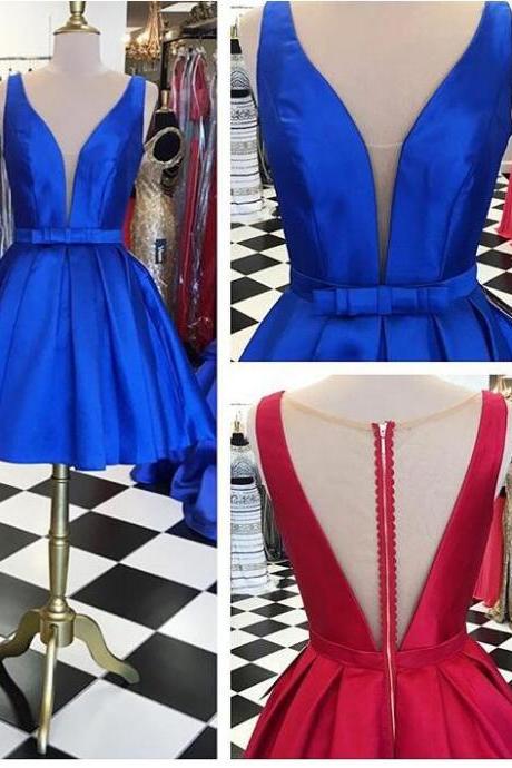 Royal Blue Satin Short Homecoming Dress Crew-neck Mini Cocktail Party Gowns Sheer Back Graduation Party Gowns