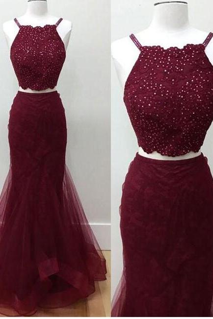 Two Pieces Beaded Burgundy Tulle Long Prom Dress 2019 Custom Made Tulle Prom Party Gowns ,mermaid Prom Dress
