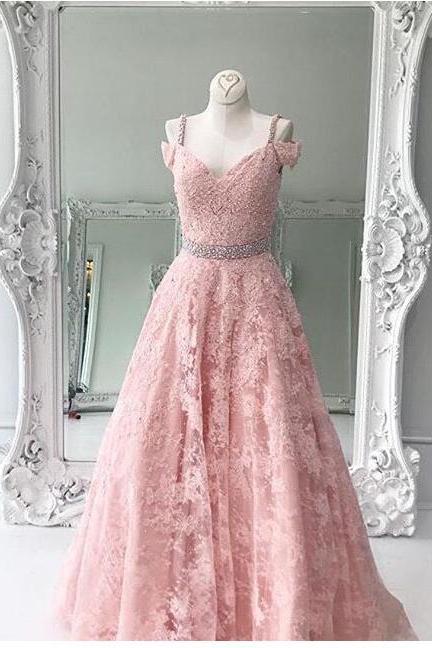 Newly Pink Lace Long Prom Dress Custom Made Lace Beaded Formal Evening Dress, A Line Women Dress, Formal Gowns