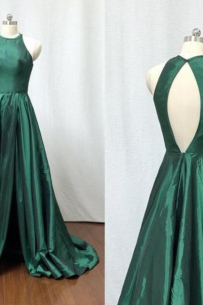 Emerald Green Taffeta A Line Long Prom Dress Sexy Backless Women Prom Gowns , Plus Size Formal Evening Dress ,sweep Train Evening Party Gowns