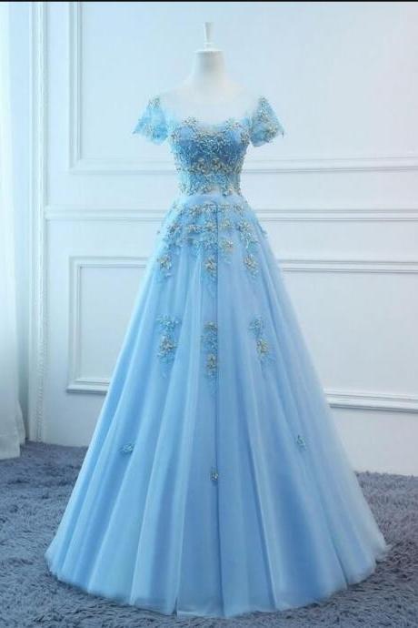 Blue Tulle Ball Gown Quinceanera Dress With Short Sleeve Plus Size Long Women Prom Dress, Sexy Pricess Prom Gowns
