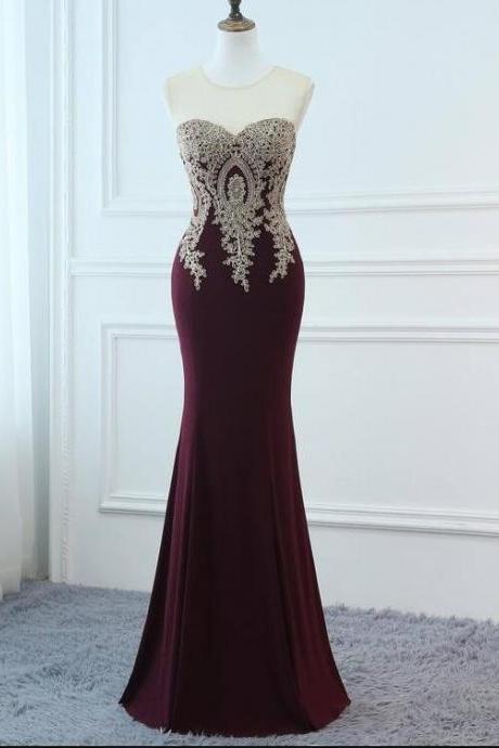 Off Shoulder Mermaid Prom Dress With Gold Lace Appliqued Custom Made Sheer Neck Women Prom Gowns , Long Evening Gowns 2019