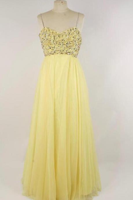 Fashion Yellow Beaded A Line Spaghetti Strap Long Prom Dress Floor Length Prom Party Gowns , Wedding Party Dress
