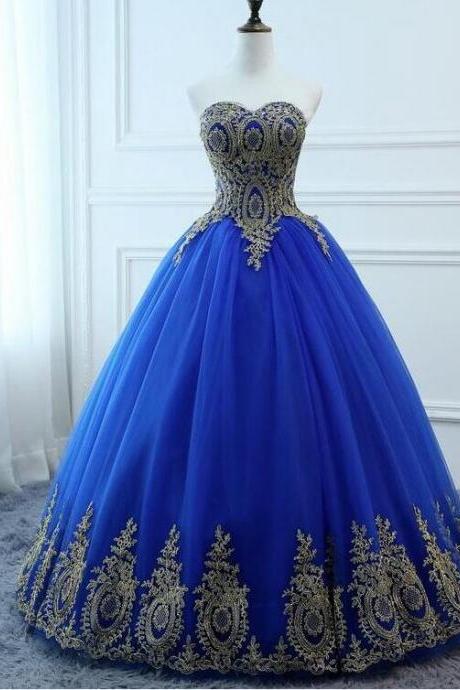 Plus Size Royal Blue Tulle A Line Long Prom Dress With Lace Appliqued, Sweet 16 Quinceanera Dress, Wedding Prom Gowns For Women