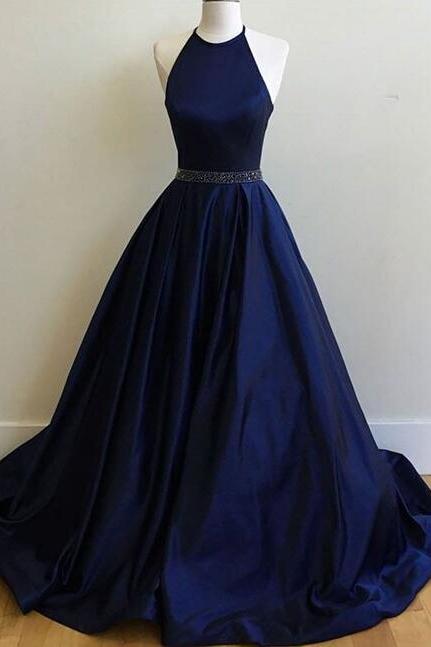 Plus Size Navy Blue Satin A Line Long Prom Dress Beaded Scoop Neck Women Evening Dress, Strapless Formal Party Dress