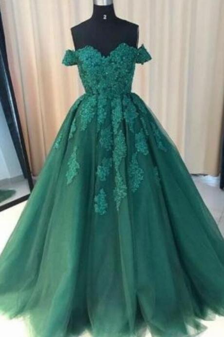 Off Shoulder Green Lace Formal Prom Dresses Custom Made A Line Quinceanera Dress ,sweet 16 Prom Dress .