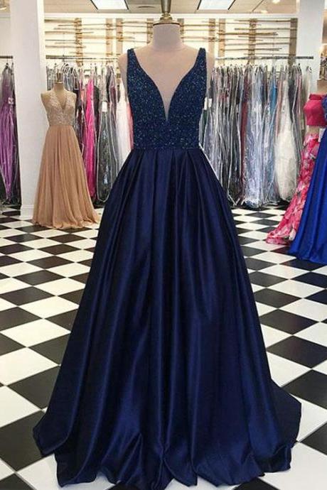 Charming A Line Navy Blue Beaded Long Evening Dress 2019 Custom Made Prom Party Gowns , Long Evening Dress