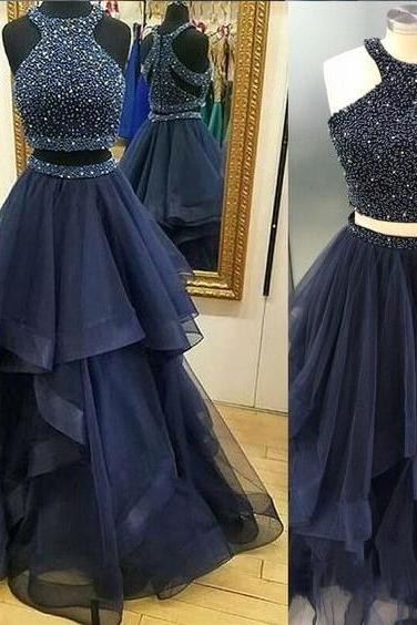 Navy Blue Beaded Corset Scoop Neck Long Prom Dresses A Line Women Party Gowns ,plus Size Evening Dress 2019