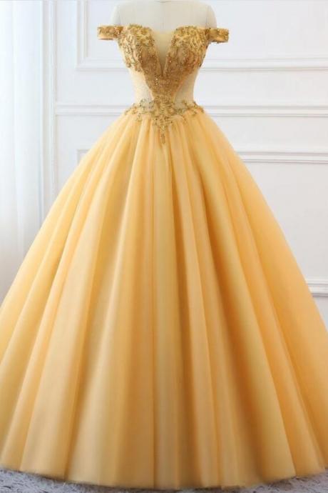 Plus Size Gold Lace Appliqued Ball Gown Long Quinceanera Dresses 2019 Women Prom Party Gowns ,sexy Pricess Women Party Gowns