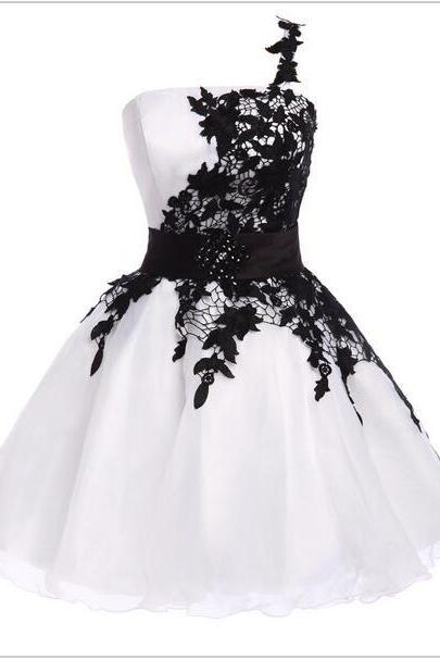 One Shoulder Black Lace Appliqued Short Homecoming Dress One Shoulder Ball Gown Prom Party Dress Mini 