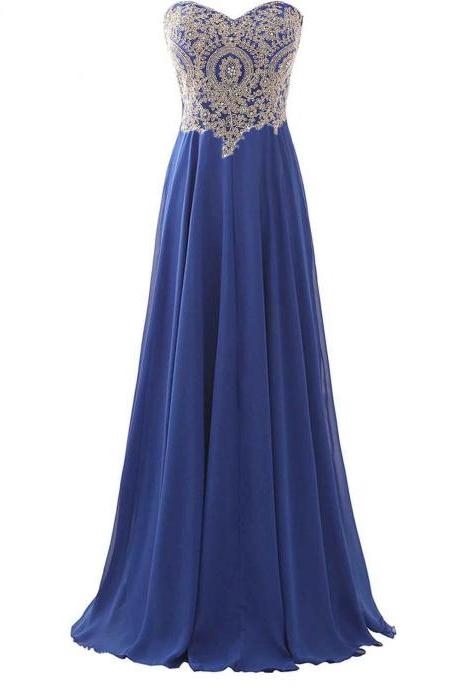 Off Shoulder Blue Chiffon Long Prom Dress With Lace Appliqued Prom Party Gowns , Sweet 16 Prom Gowns ,Formal Evening Dress 