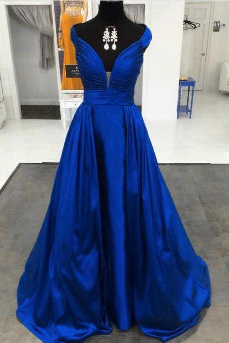 Royal Blue Satin Formal Prom Dress A Line Ruffle Women Pageant Gowns Cheap Floor Length Party Dresses