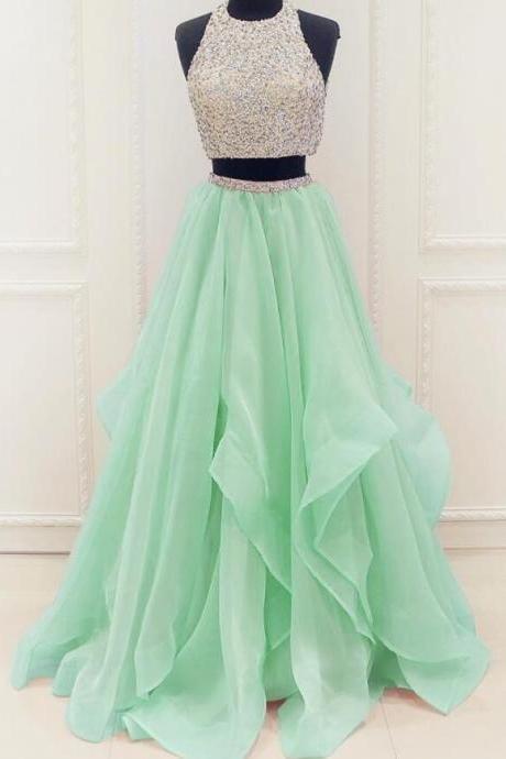 Luxury Beaded Crystal Two Pieces A Line Long Prom Dresses Green Women Prom Party Gowns Plus Size Homecoming Dress