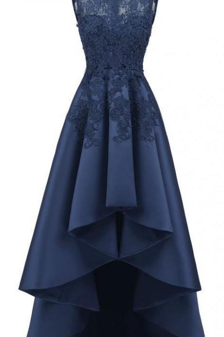 Fashion Navy Blue Lace High Low Prom Dresses 2019 Sexy A Line Women Party Gowns Custom Made Evening Party Gowns