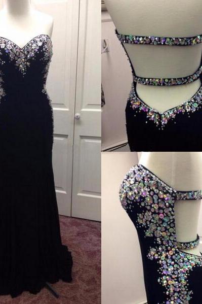 Charming Black Chiffon Beaded Crystal Long Prom Dress Sweetheart Backless Women Pageant Gowns Mermaid Evening Dress