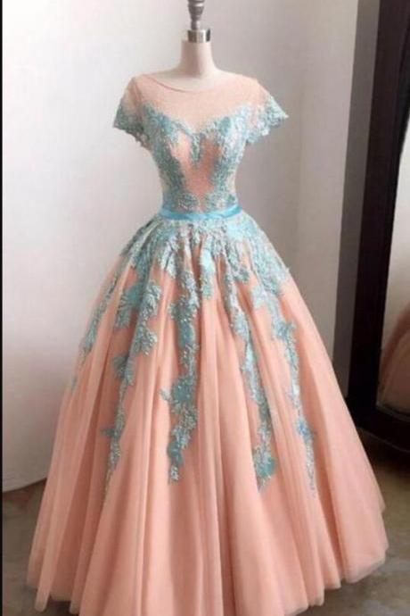 Sexy A Line Ball Gown Lace Prom Dress With Appliqued Women Party Gowns ,sexy Caped Sleeve Long Prom Dresses