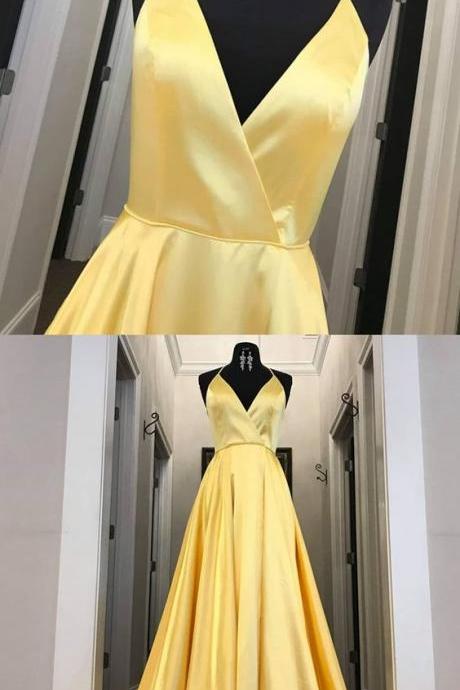 Elegant Yellow Satin Long Prom Dress Halter Prom Party Gowns Custom Made Formal Evening Dress