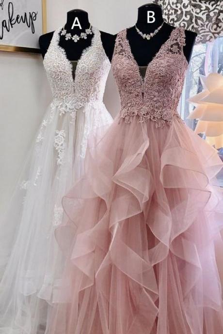 Elegant A Line White Tulle Lace Prom Dresses Floor Length Appliqued Women Evening Party Gowns ,Custom Made Evening Gowns 