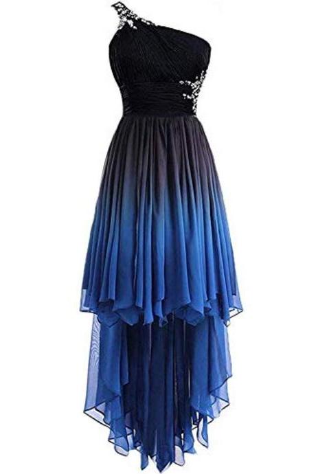 Sexy One Shoulder High Low Prom Dress Beaded Ruffle Homecoming Party Dress, Plus Size A Line Prom Party Gowns High Low