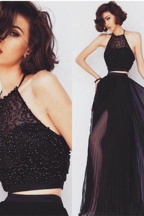 Black Beaded Two Pieces Long Prom Dresses A Line Ruffle Women Prom Gowns Plus Size Cocktail Gowns