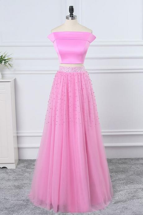 Charming A Line Pink Beaded Tulle Long Prom Dresses Off Shoulder Two Pieces Women Homecoming Dresses, Two Pieces Cocktail Party Gowns 