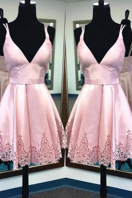 Pink Satin Short Homecoming Dress A Line Mini Cocktail Party Gowns , Short Graduation Gowns