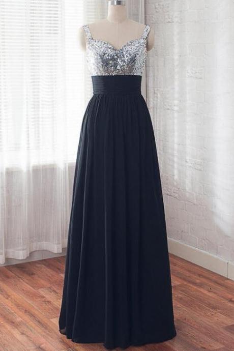 Sexy A Line Black Chiffon Ruffle Long Bridesmaid Dress Plus Size Women Party Gowns , Prom Gowns