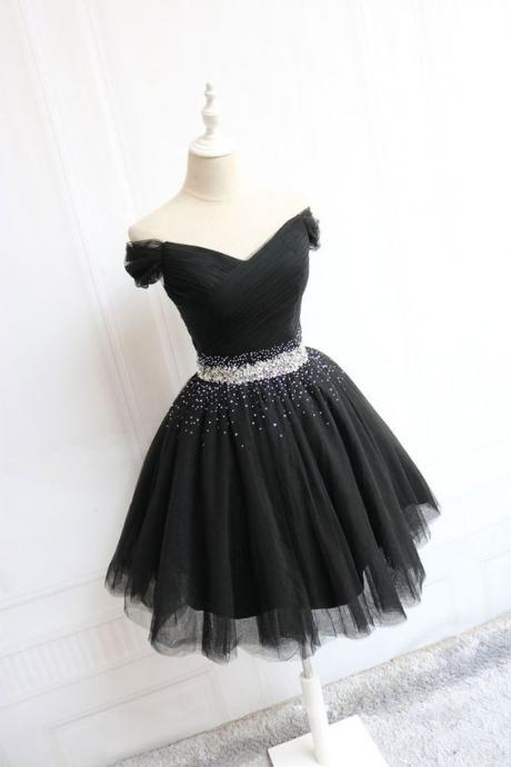 Charming Black Tulle Beaded Short Homecoming Dress A Line Short Cocktail Party Gowns ,junior Party Gowns ,sweet Prom Dress