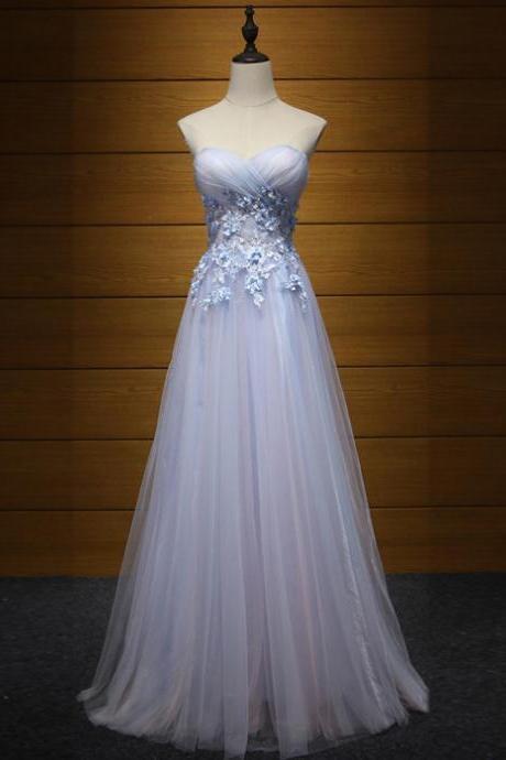 Cheap A Line Light Blue Long Prom Dress With Lace Floral Women Prom Party Gowns , Formal Evening Dress 