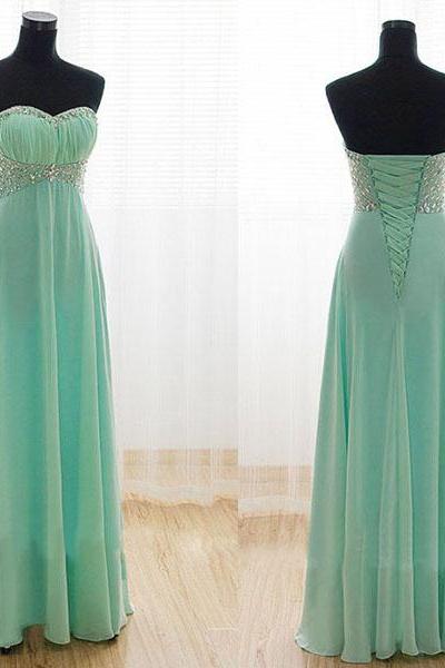 Sexy A Line Mint Green Chiffon Beaded Long Prom Dress Custom Made Women Pageant Gowns , Sexy Long Bridesmaid Dress 