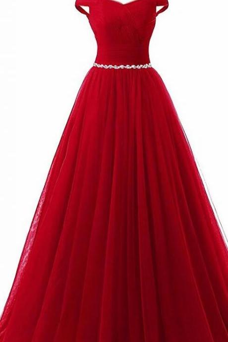 Off Shoulder Red Tulle Long Prom Dress Beaded Sweetheart Prom Party Gowns ,Cheap Formal Evening Dress .