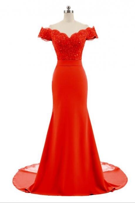 Elegant Red Lace Beaded Mermaid Prom Dresses Off Shoulder Women Pageant Gowns Sweep Train Bridesmaid Party Gowns 