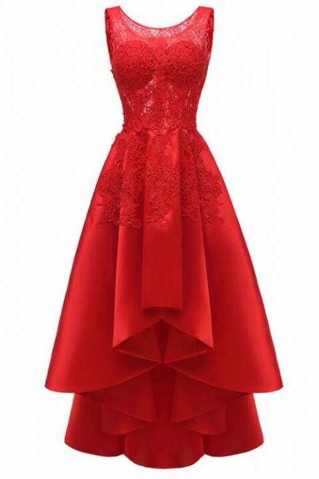 Fashiom A Line Red Lace High Low Prom Dresses Custom made O-Neck Prom Party Gowns ,Women Pageant Gowns 