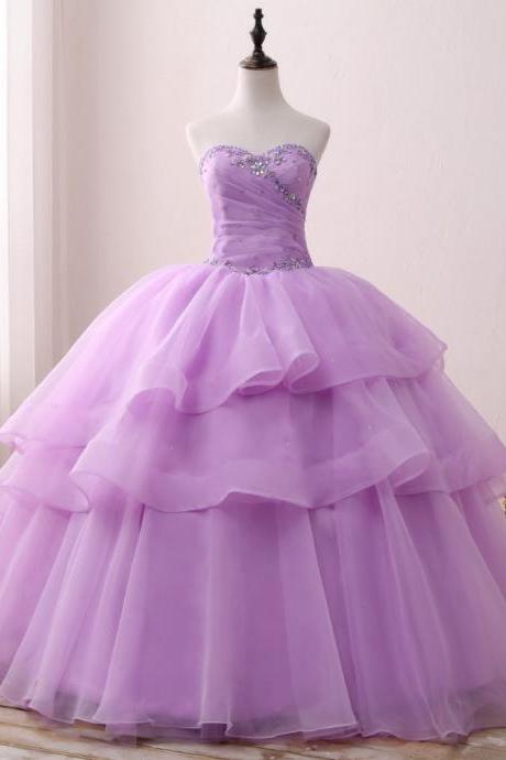 Fashion Sexy Lavender Organza Beaded Ball Gowns Prom Dresses Sweet Junior Party Gowns Pricess Quinceanera Dresses 