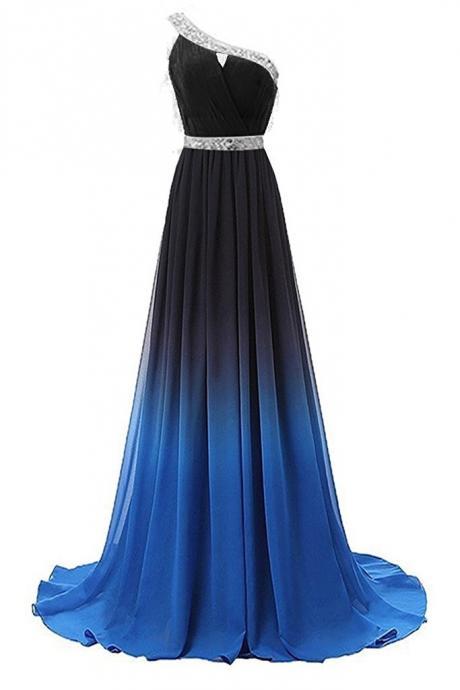 Sexy One Shoulder Beaded Gradient Long Prom Dress Plus Size Formal Evening Dress , Women Party Gowns