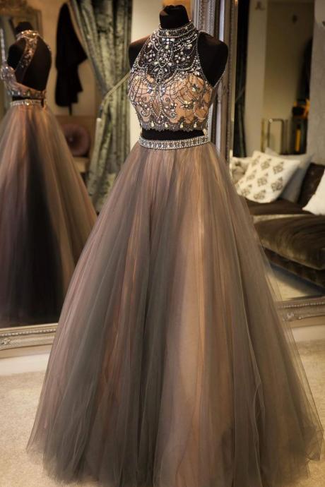 Luxury Beaded Crystal High Neck Long Prom Dresses Two Pieces Women Party Gowns A Line Women Evening Gowns 